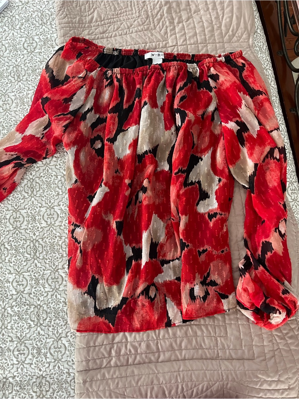 White House Black Market Red Black Cream Off-Shoulder Printed Blouse